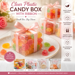 Clear Plastic Candy Box with Ribbon Multipurpose Transparent Candy Box Mini Cube Container Food Grade Small Item Storage