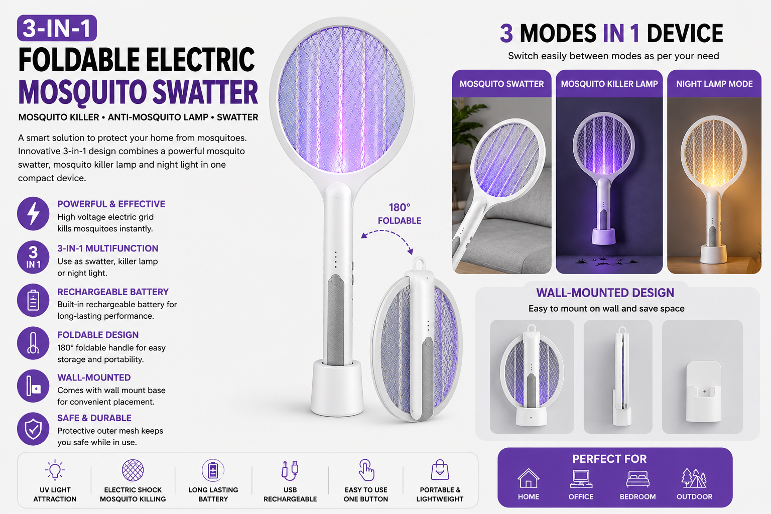 Foldable Electric Mosquito Swatter 3-in-1 Electric Mosquito Killer Anti-mosquito Lamp Rechargeable Wall-Mounted Mosquito Swatter - Image 2