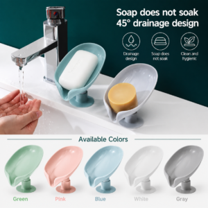 Leaf-Shape Self-Draining Soap Holder – Decorative 45° Slanted Hydraulic Soap Dish with Suction Base (Random Color)